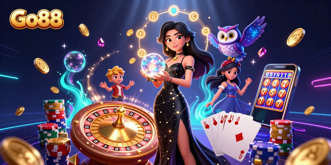 Experience the thrill of Go88 with a captivating illustration featuring a glowing crystal ball and luxurious casino elements.