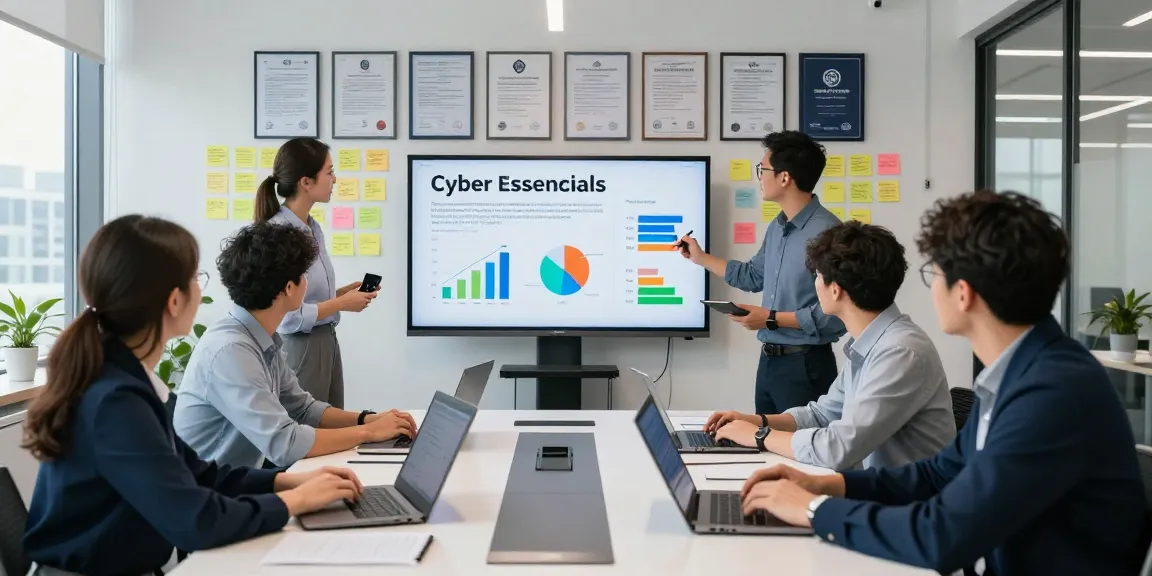 Team discussing cyber essentials insurance in a modern office environment, highlighting important compliance strategies.