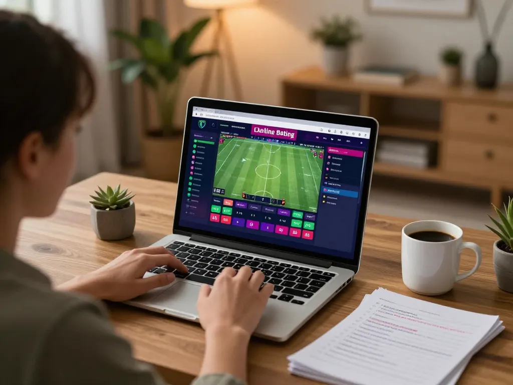 Engaging betting session with kèo nhà cái displayed on laptop in a cozy home environment.