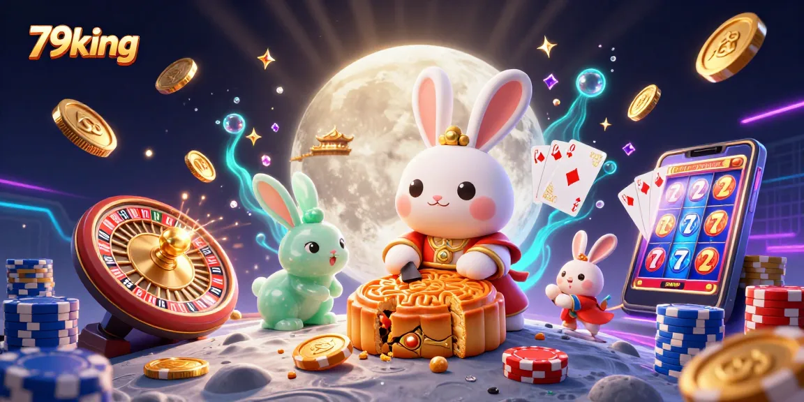 Engage with 79king in an immersive casino adventure featuring a moon rabbit and golden mooncakes amidst vibrant gambling elements.