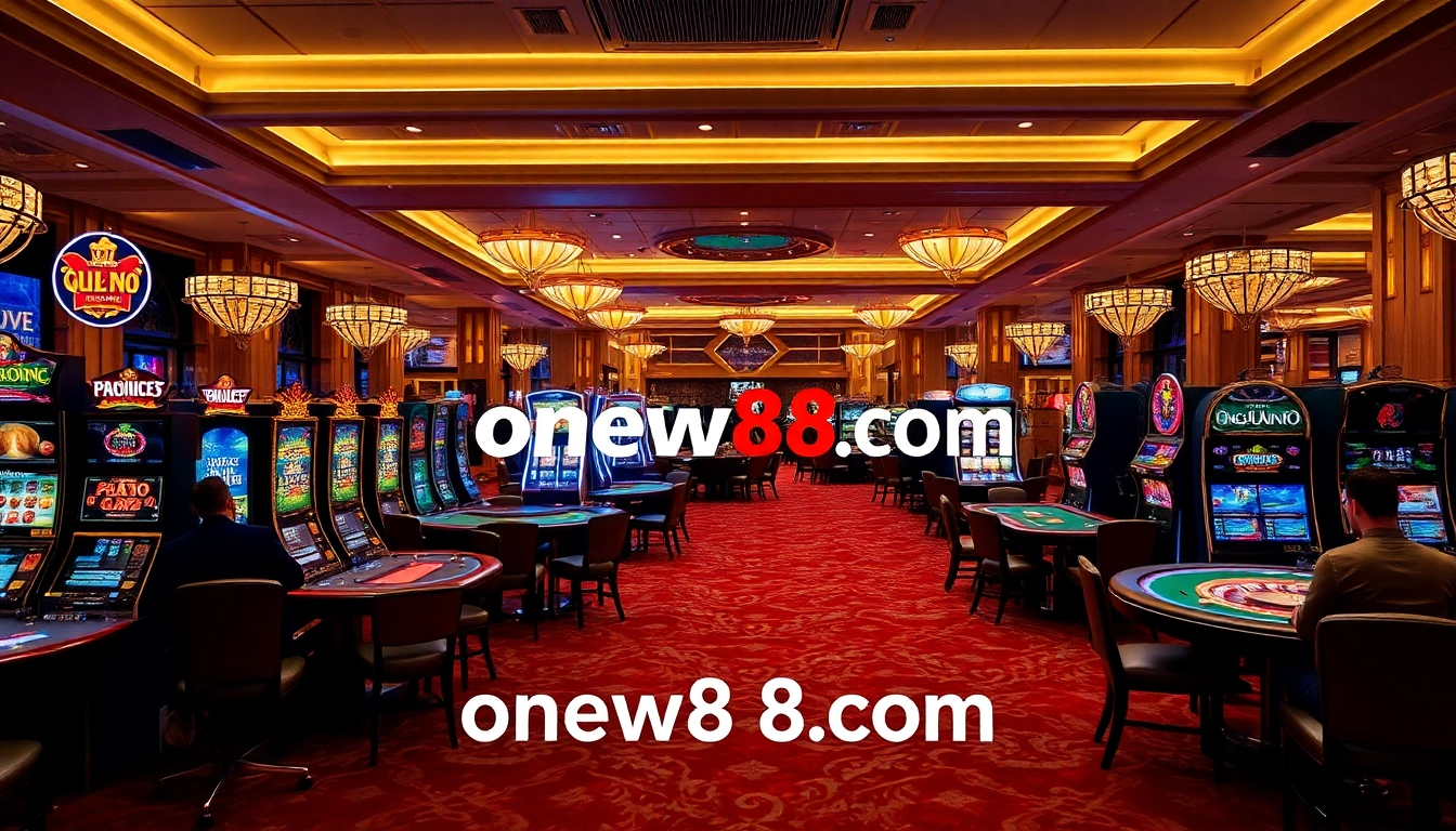 Casino floor excitement at onew88.com with gamblers at tables and slot machines.