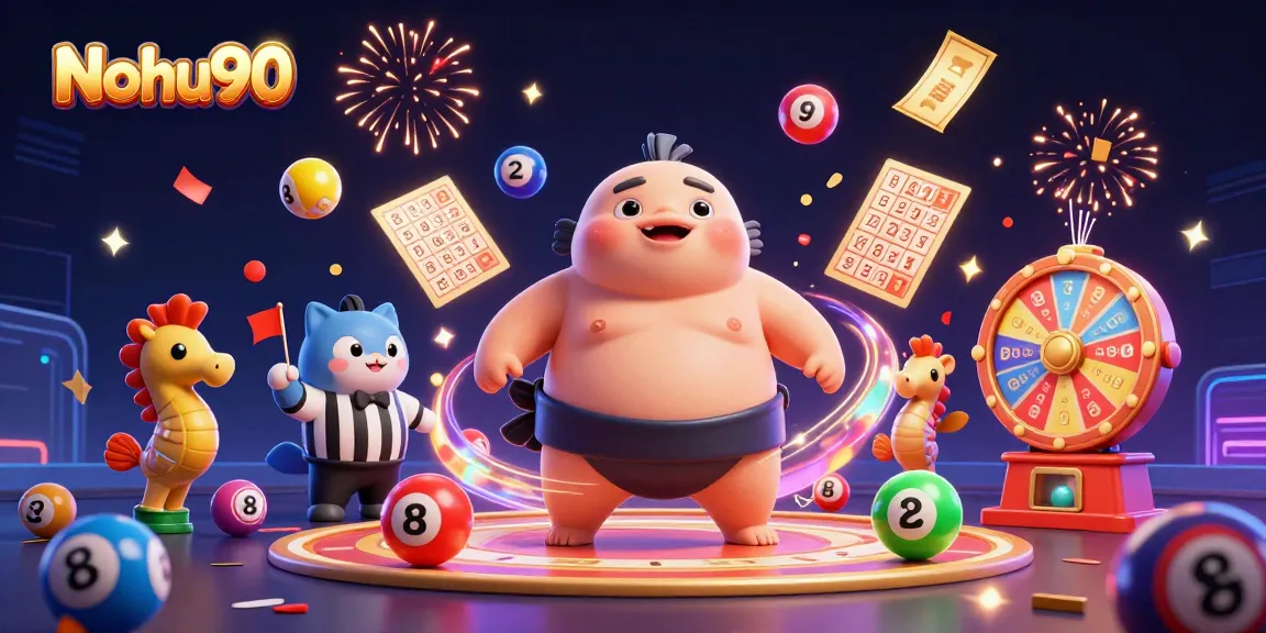 Nohu90 showcases a lively 3D casino scene with vibrant characters and festive game elements.