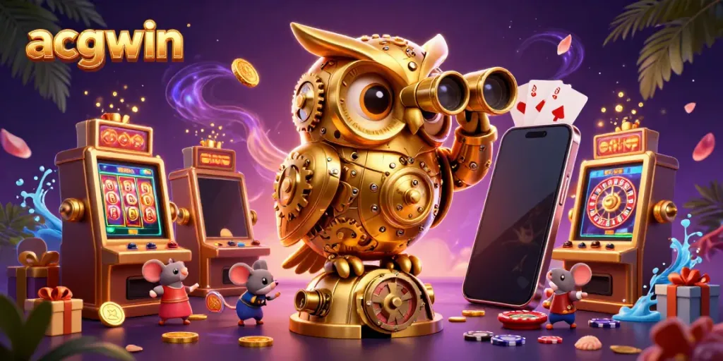 ACGWIN menampilkan ilusi 3D karakter burung hantu emas dan mouse di kasino.