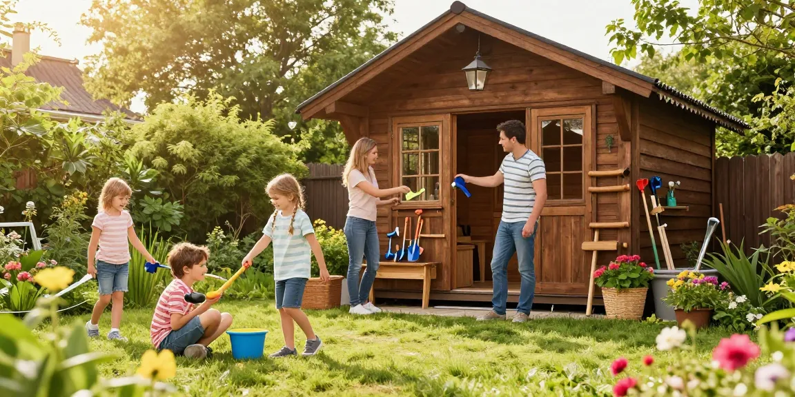 Familie genießt den Garten mit einem robusten Gartenhaus im Hintergrund, sonnige Atmosphäre.