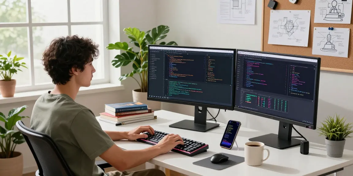 Developer working on crush ai project in a bright tech workspace, showcasing multiple screens with code and creative designs.