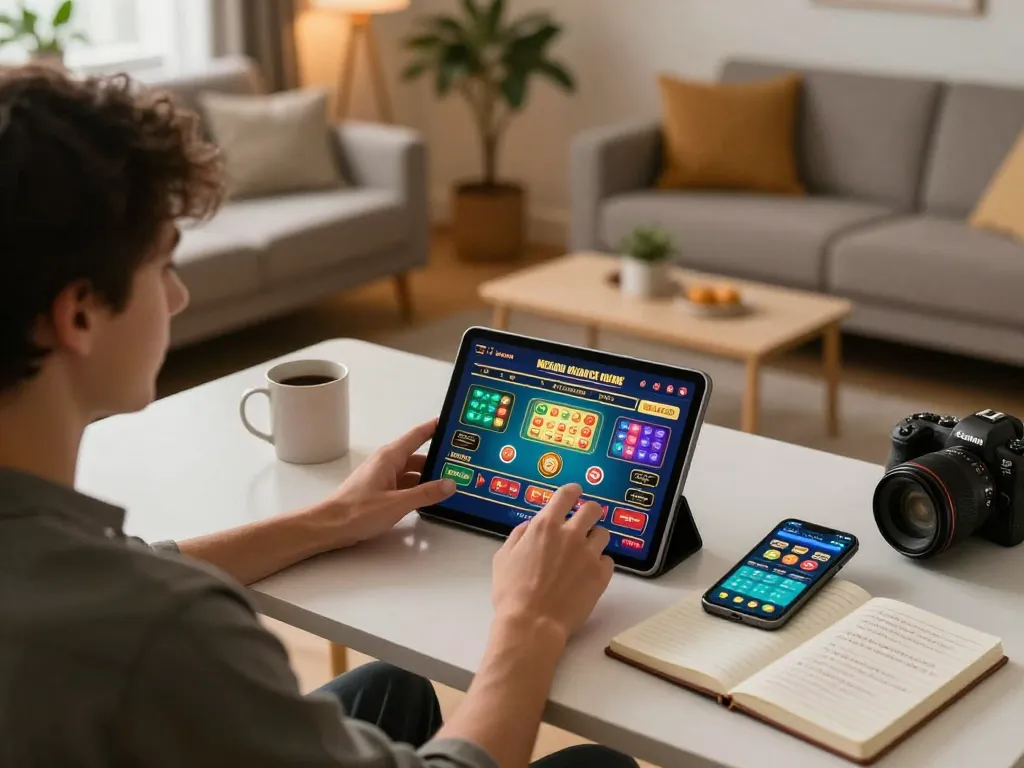 KJC player engaging in online gambling on a tablet, showcasing home ambiance and strategy notes.