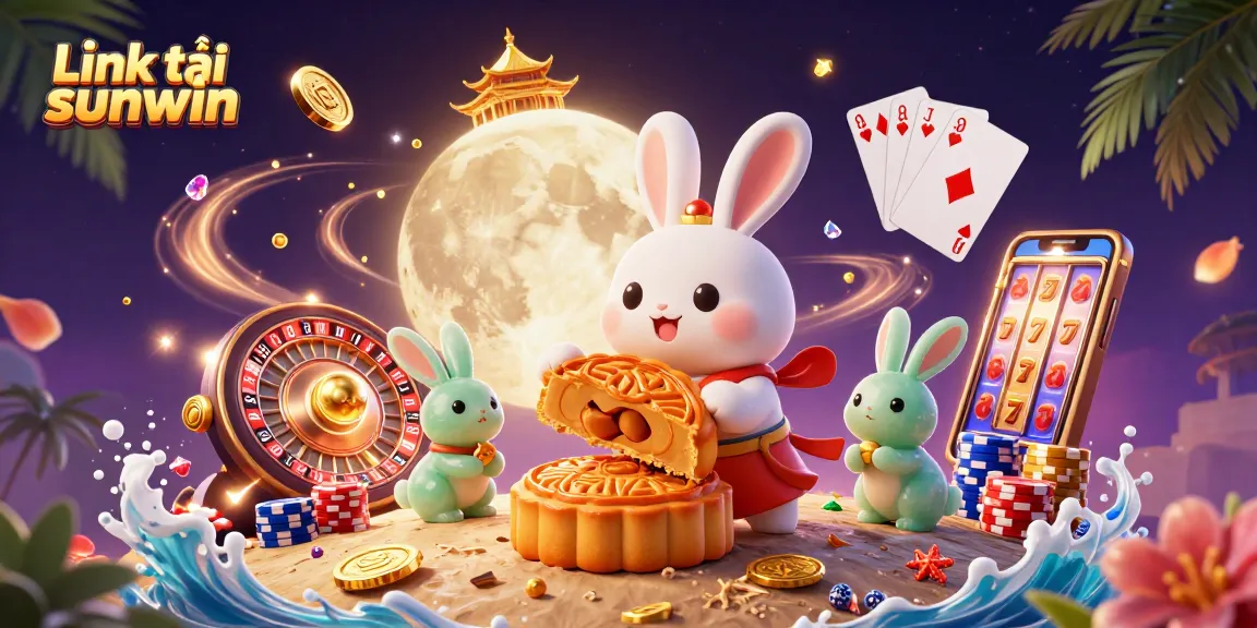 Engage with the exciting Link tải sunwin, featuring a charming moon rabbit in a casino scene with poker chips.
