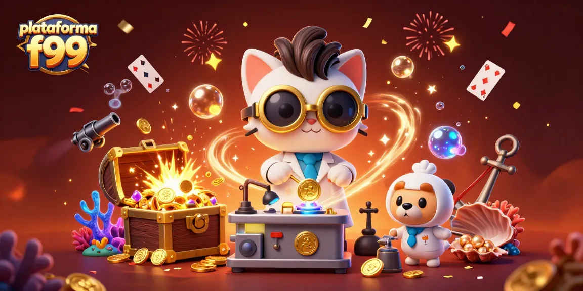 Viva a diversão na plataforma F99 com uma ilustração vibrante e cheia de ação de jogos e prêmios.