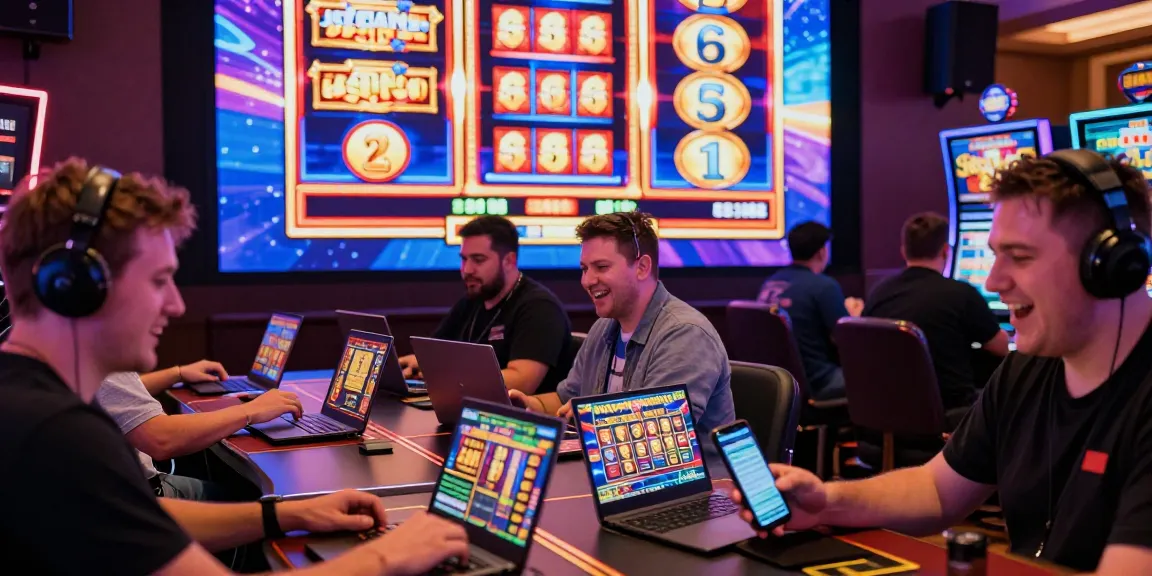 Excited players engaging with slot games in a vibrant online casino.