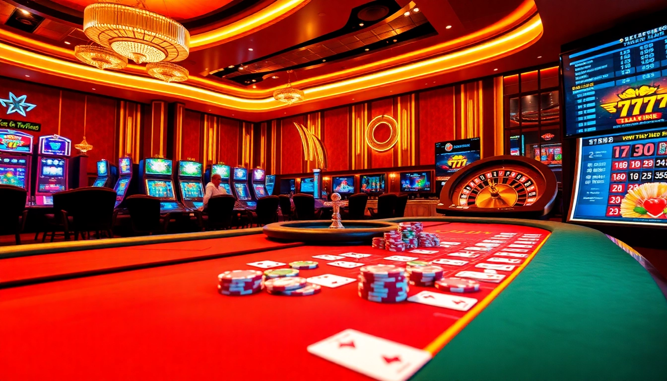 TG777 casino scene showcasing exciting online gaming with vibrant chips and cards.