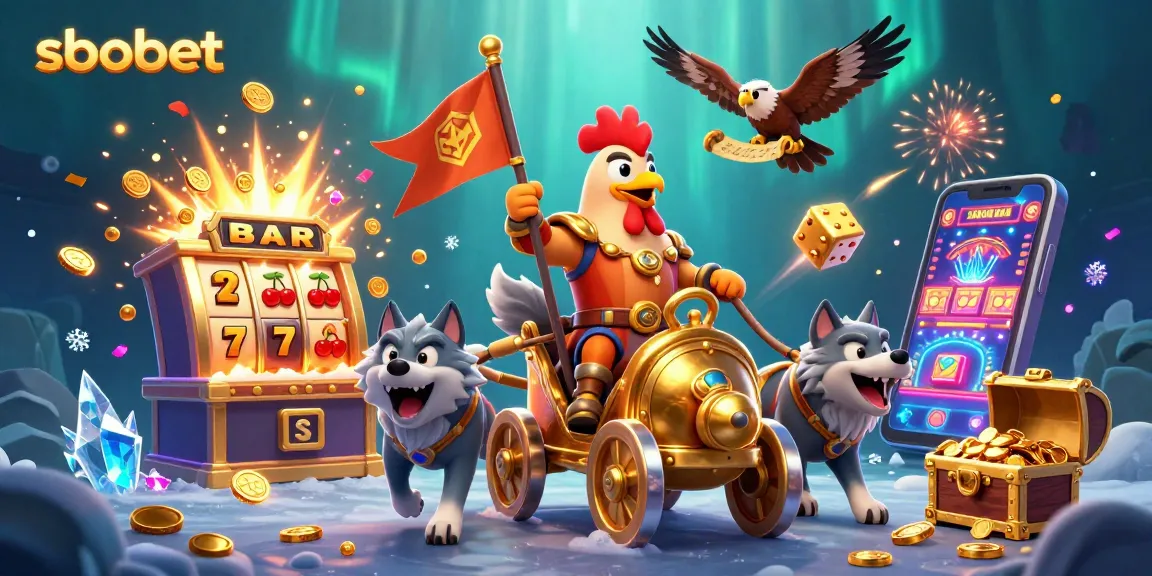 Win big with sbobet in an exhilarating casino scene showcasing a rooster warlord and dynamic game elements.