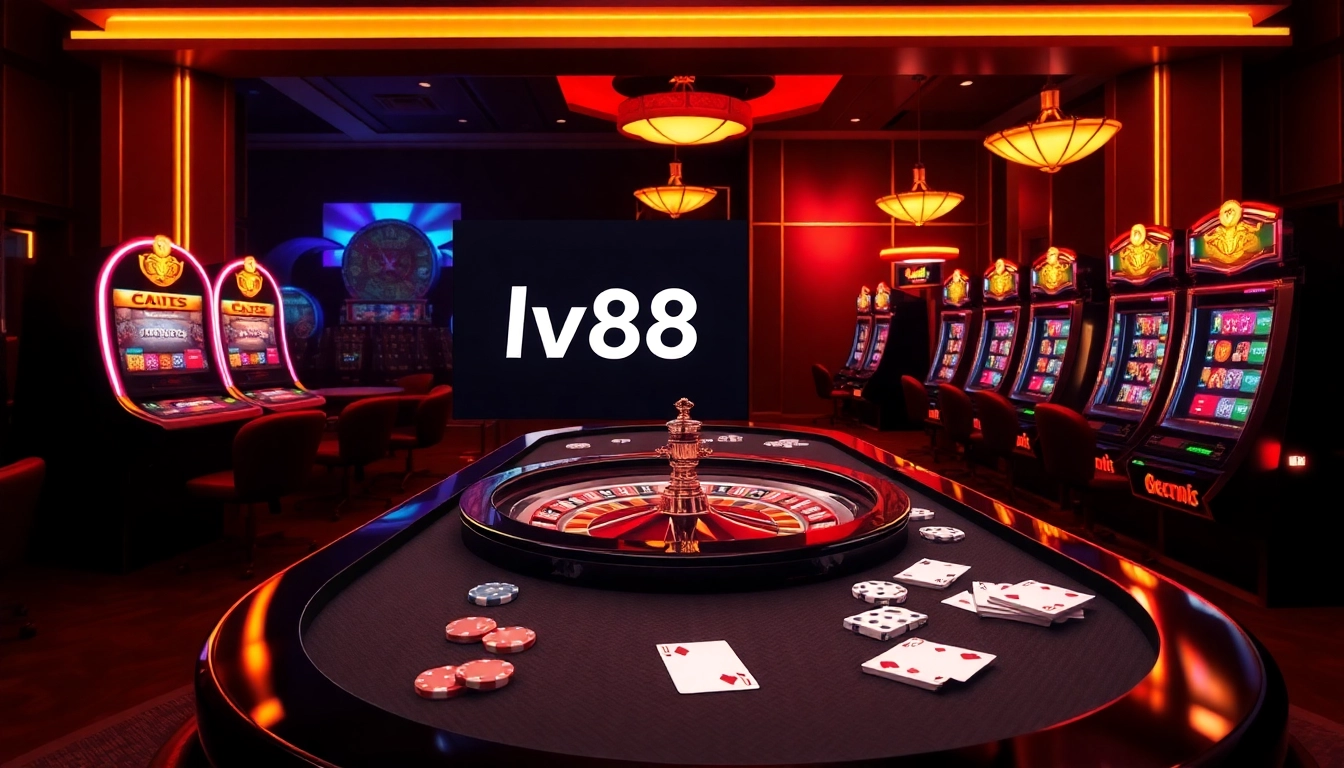 Exciting scene of online gambling at lv88 casino with roulette wheel and poker tables.