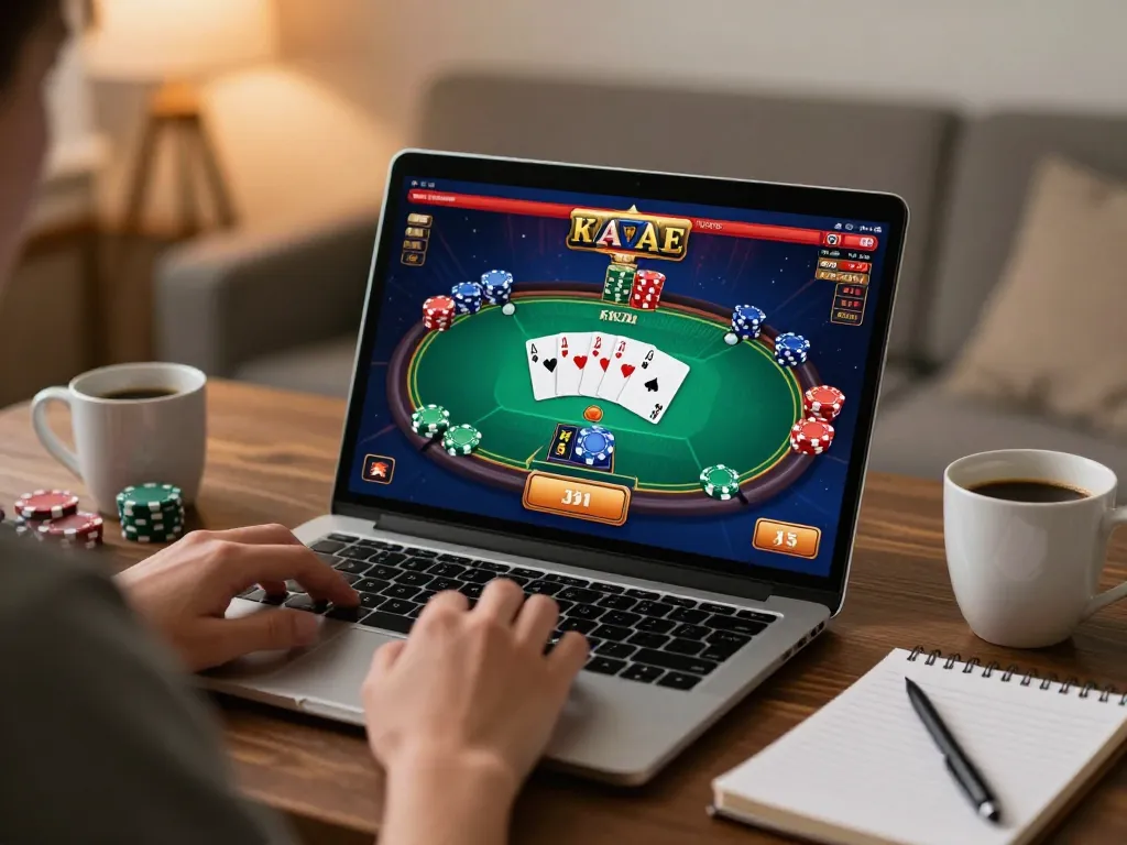 Person using laptop for online gambling at trang chủ 5679 with poker game on screen, strategy notes nearby.