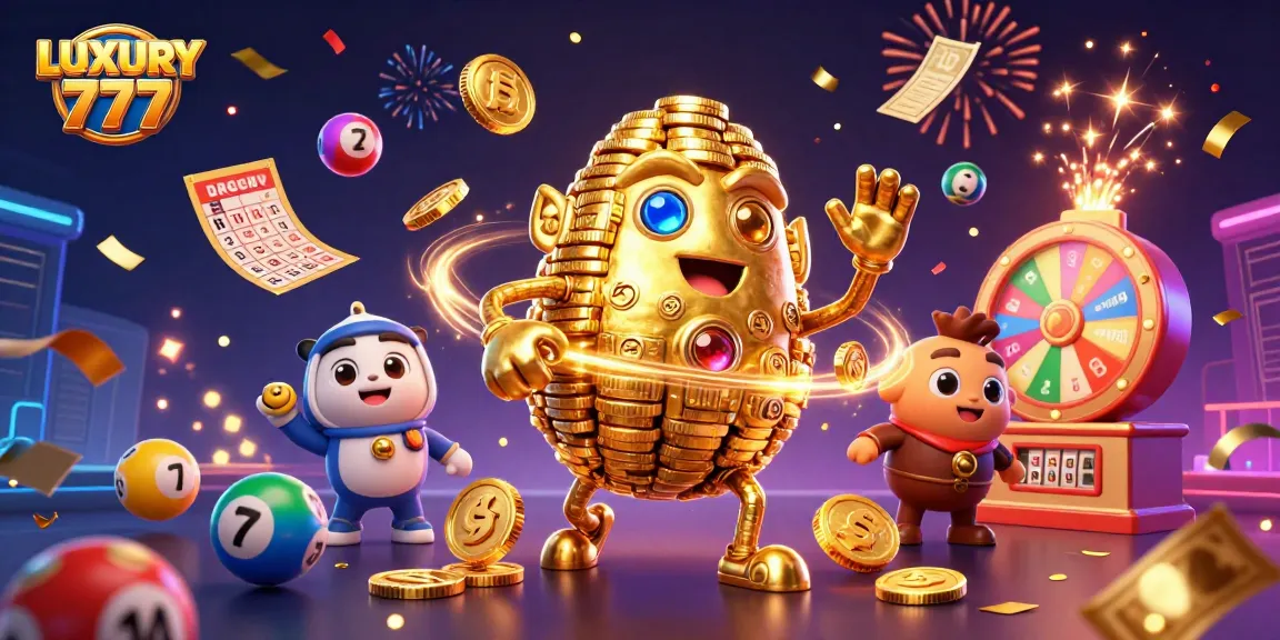 Menangkan LUXURY 777 dengan golem emas mengelilingi bola lotere berwarna-warni dan tiket berkilau.