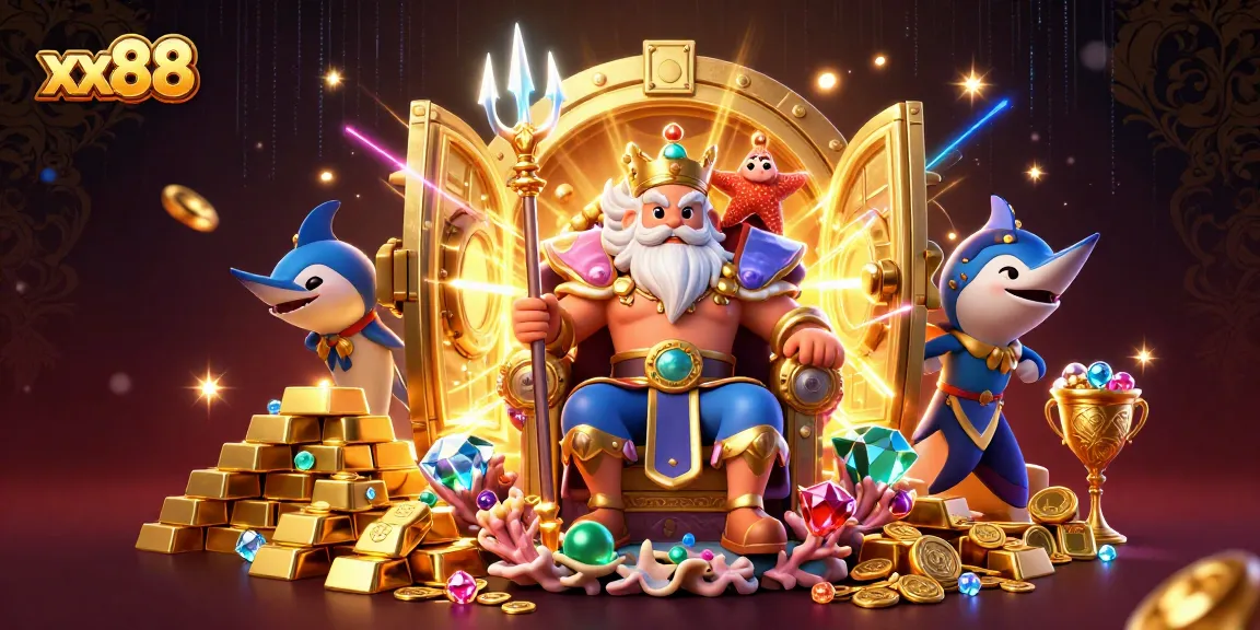 Win at xx88 with Neptune's treasure in this vibrant casino-themed illustration.