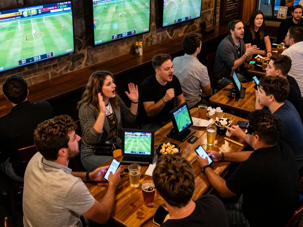 Engaged sports fans placing bets with TR88 on mobile apps during a thrilling live event