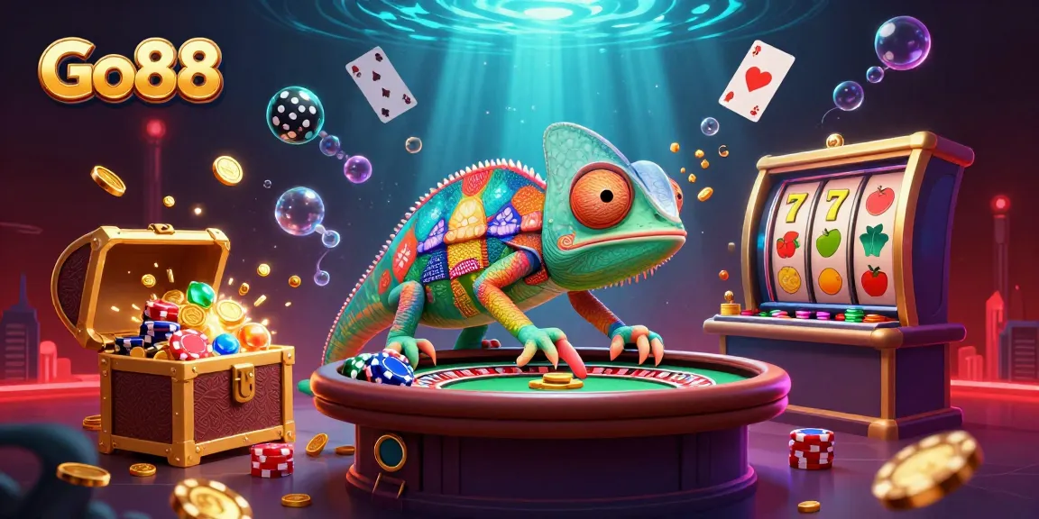 Experience exciting gameplay at Go88 with vibrant 3D chameleon casino scenes and thrilling gambling elements.