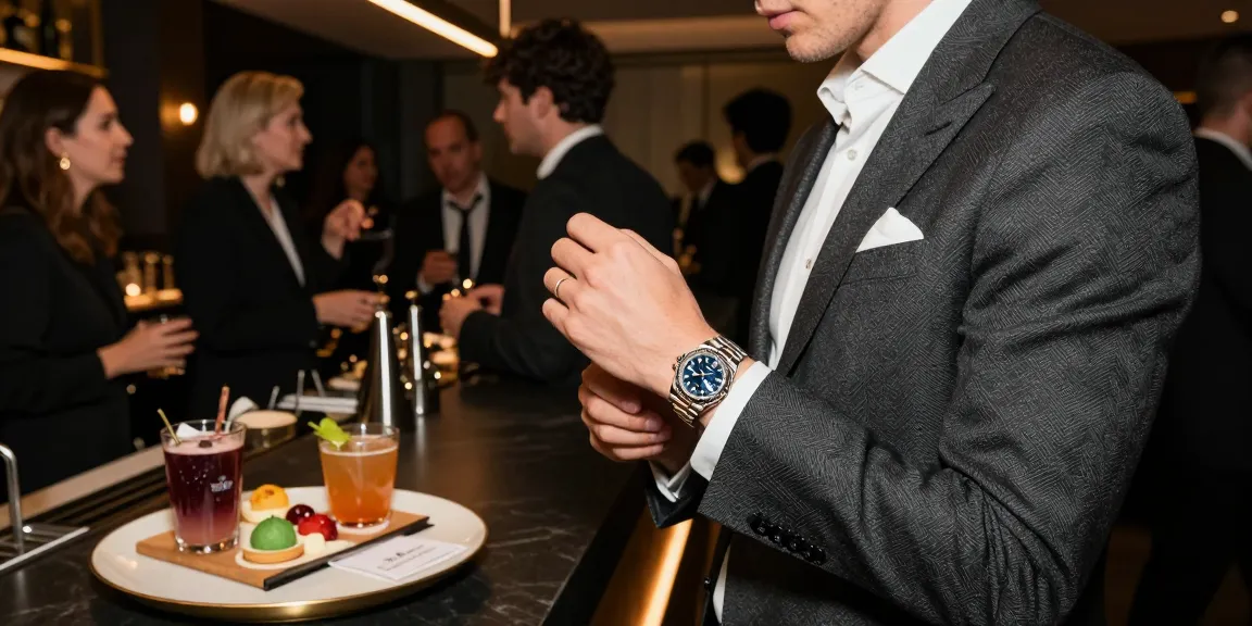 Elegant individual showcasing a Rolex replica at a luxurious event, exuding sophistication.