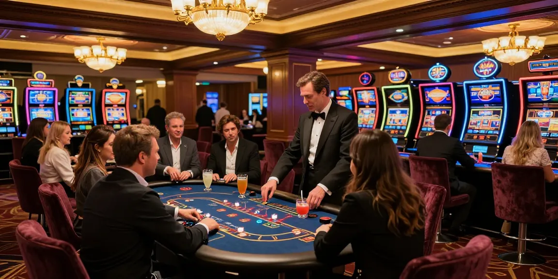 Elegant casino atmosphere with patrons enjoying iwin games at stylish tables.