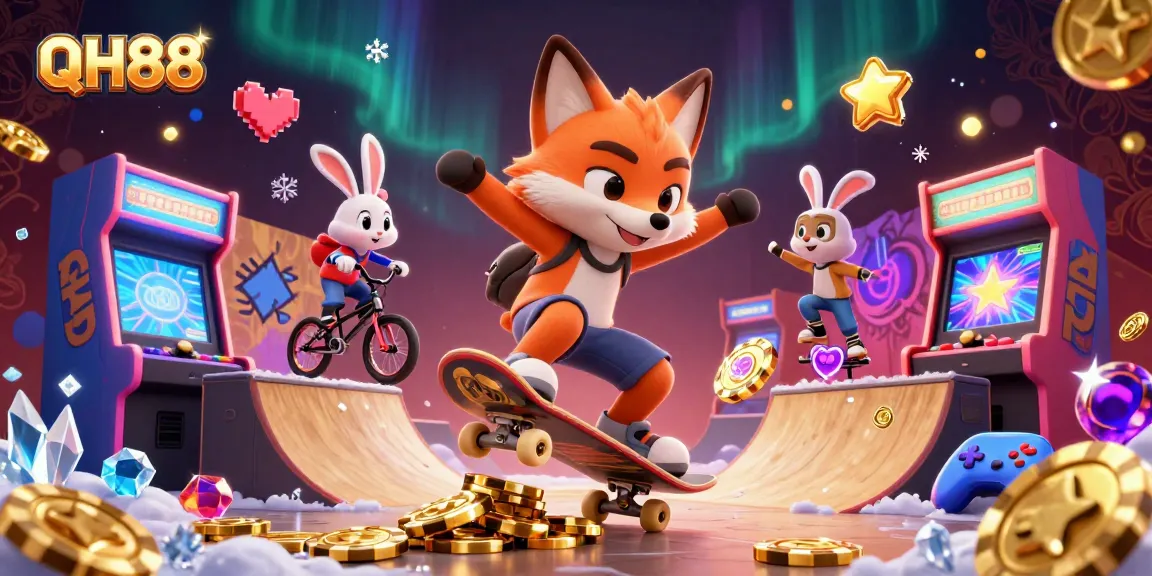 Experience exciting gaming with QH88 in an engaging scene of a skateboarder fox and BMX rabbit.