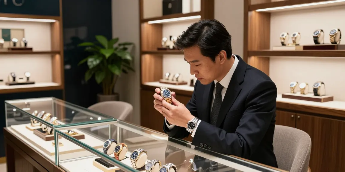 Replica watches showcased in a luxury boutique with a customer examining a stunning timepiece, exuding elegance and sophistication.