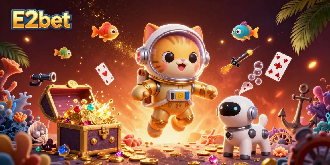 Experience thrilling gaming action with E2bet's vibrant casino illustration featuring exciting elements.