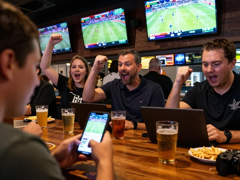 Engaging in live sports betting with friends and mobile app at https://goal123.ac/ in a vibrant sports bar atmosphere.