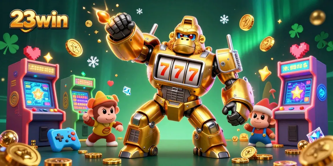 Engage with thrilling games at 23win featuring a golden gorilla mech and vibrant game elements.