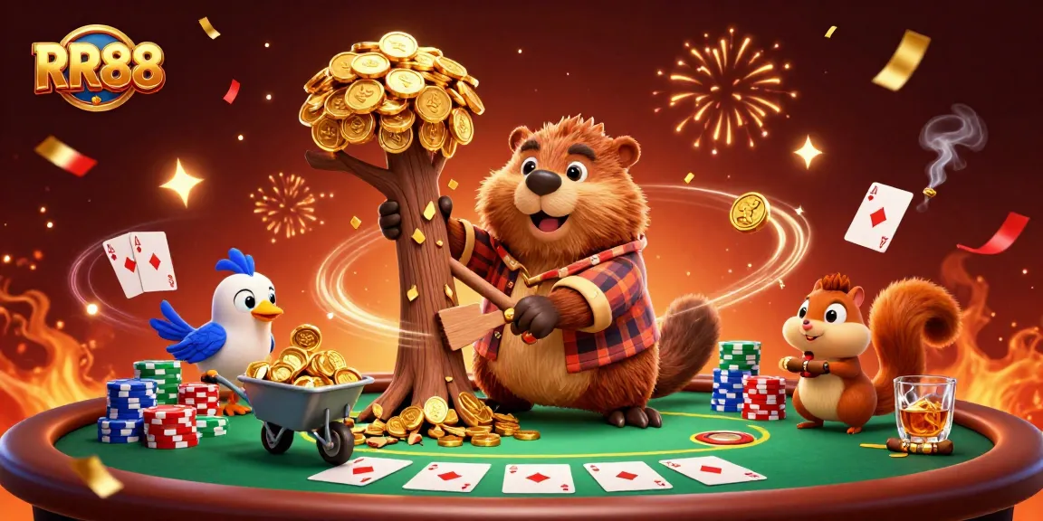 RR88 engages players in a vibrant casino scene filled with gold coins and poker elements.