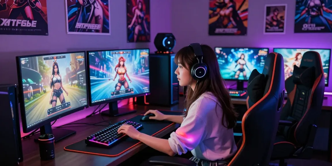 Engaged gamer playing a female hentai game in a vibrant gaming setup with LED lights.