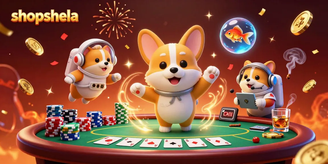 Engage with shopshela's vibrant casino scene featuring floating poker chips and a playful corgi.
