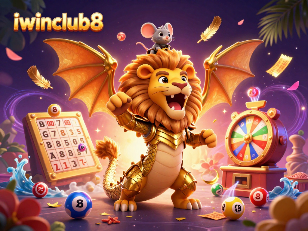 Engage in thrilling games at iwinclub8 with a vibrant, dynamic 3D illustration of casino excitement.
