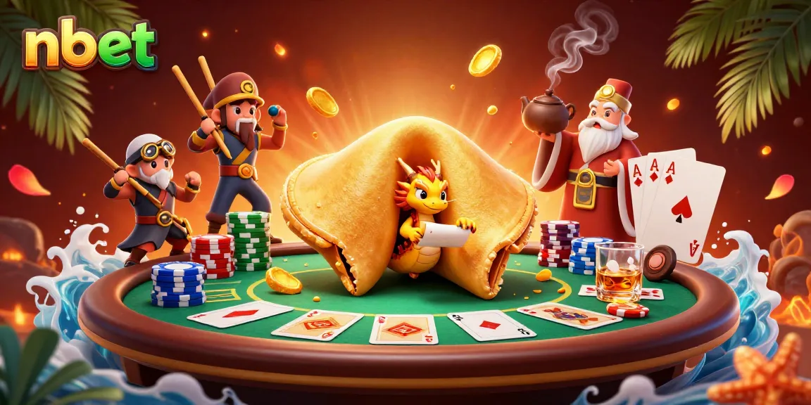 Engage with nbet's vibrant casino scene featuring a golden fortune cookie, wise dragon, and poker elements.