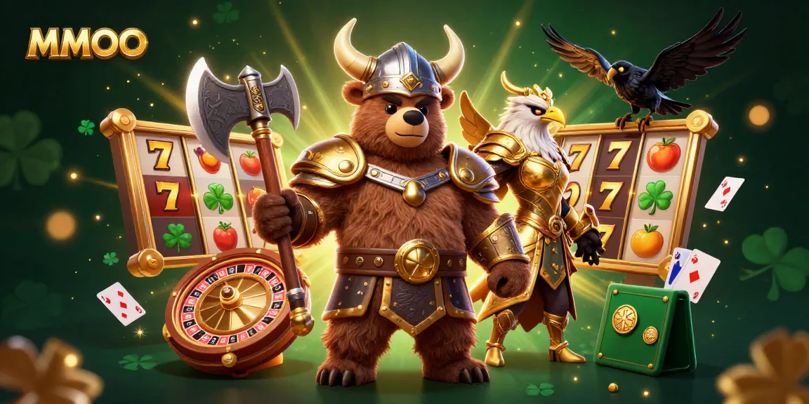 Experience exciting gameplay at MMOO with a vibrant 3D illustration featuring legendary casino elements.