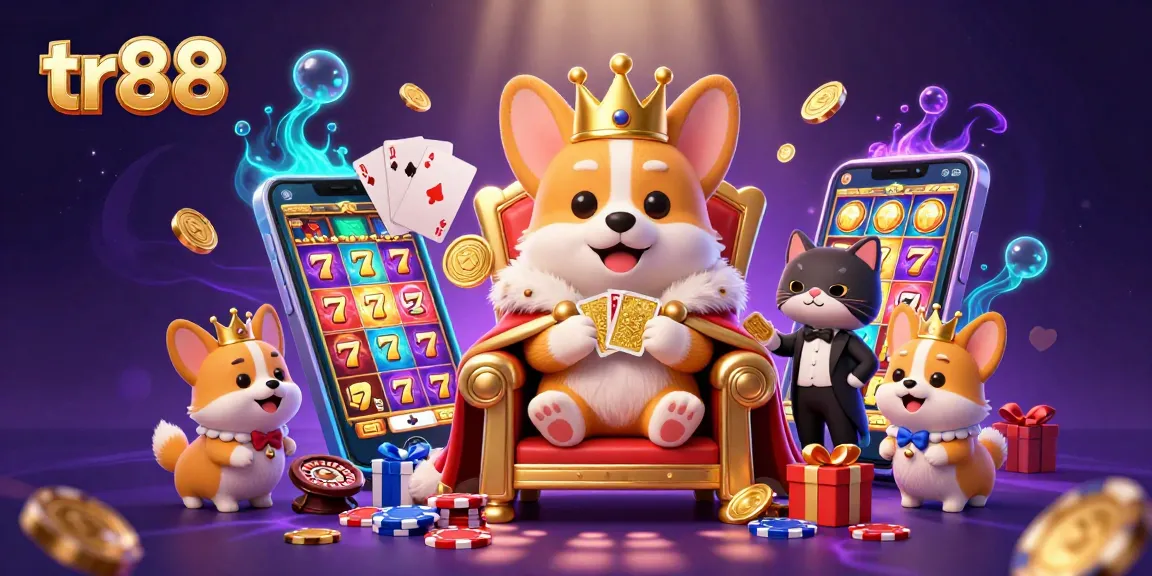 tr88 showcases an exciting royal corgi casino scene with jackpots, cards, and gaming characters.