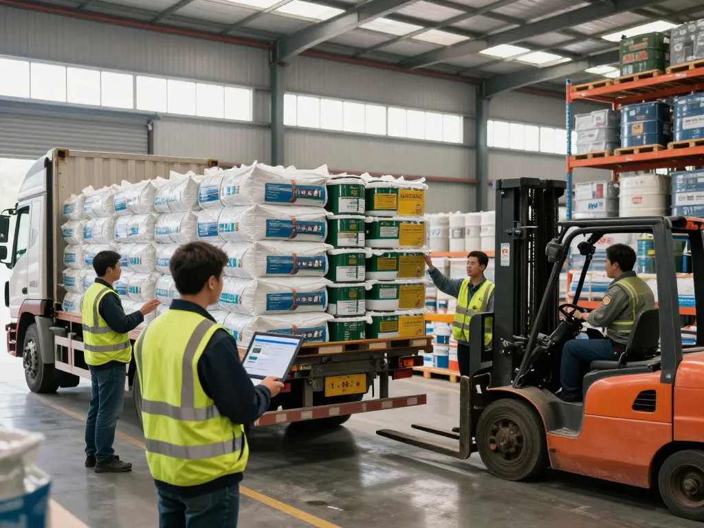 Paraffin oil supplier loading bulk shipments in a modern warehouse environment, showcasing teamwork and efficiency.