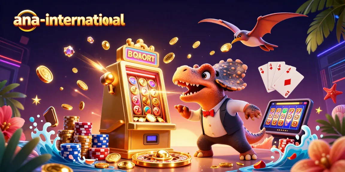 Experience excitement at ana-international with a dinosaur-themed jackpot explosion in a vibrant casino scene.