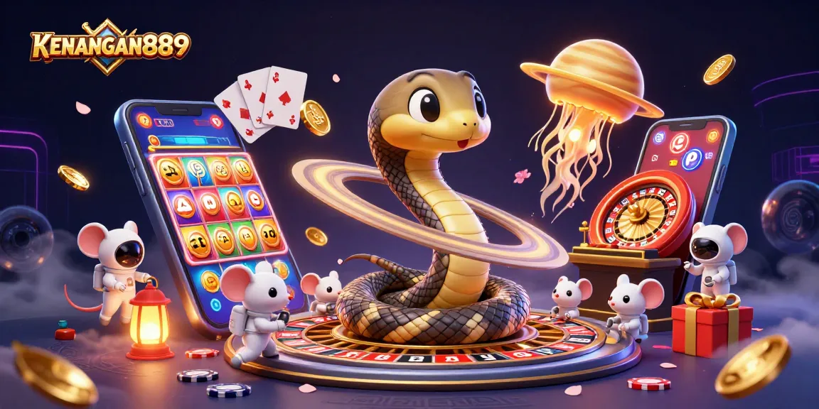KENANGAN889 offers a thrilling gambling scene with a snake roulette and astronaut mice betting.