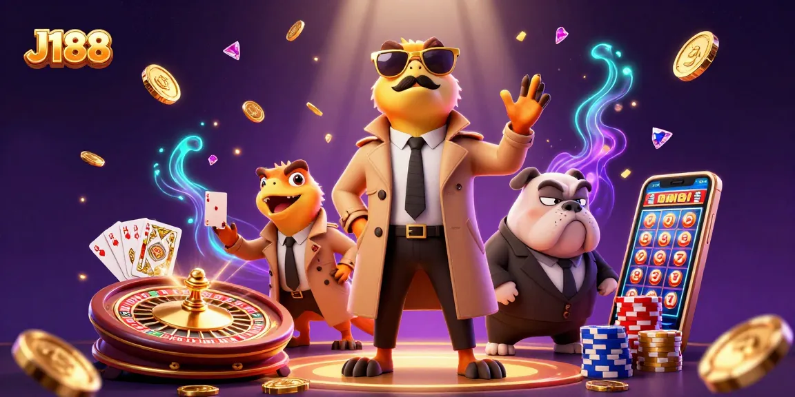 Experience the thrill of J188 with cartoon raptors in a VIP casino scene surrounded by games and gold.