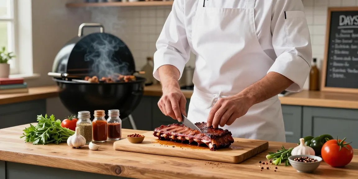 Koki meracik hidangan BBQ dengan daging BOS 88 yang dibumbui rempah segar, suasana dapur hangat.