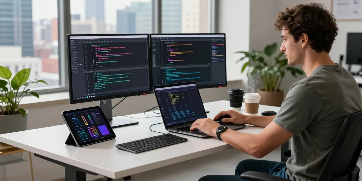 Dynamic workspace showcasing developer coding on laptop and multiple monitors, reflecting the essence of teiegramin.com in software development.