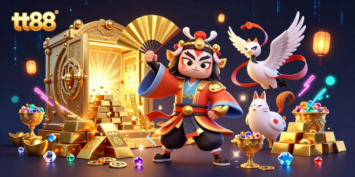 Experience the vibrant world of tt88 with interactive characters and dazzling casino elements in a dynamic scene