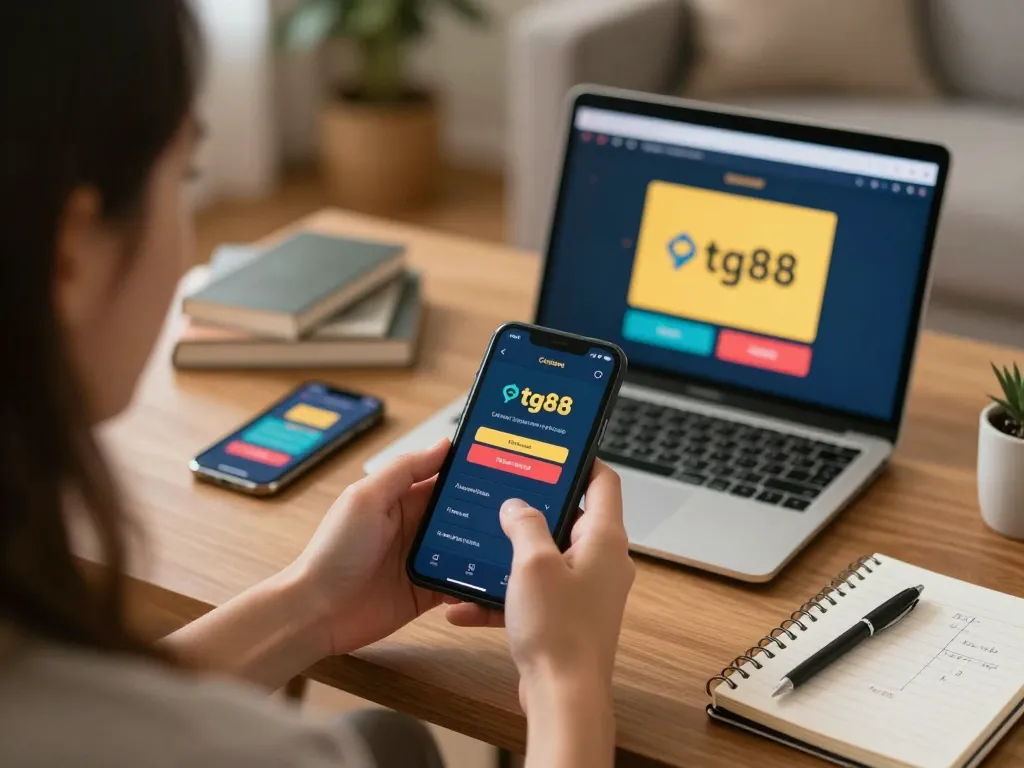 Engaging in online betting with the tg88 app on a mobile device in a cozy gaming setup.