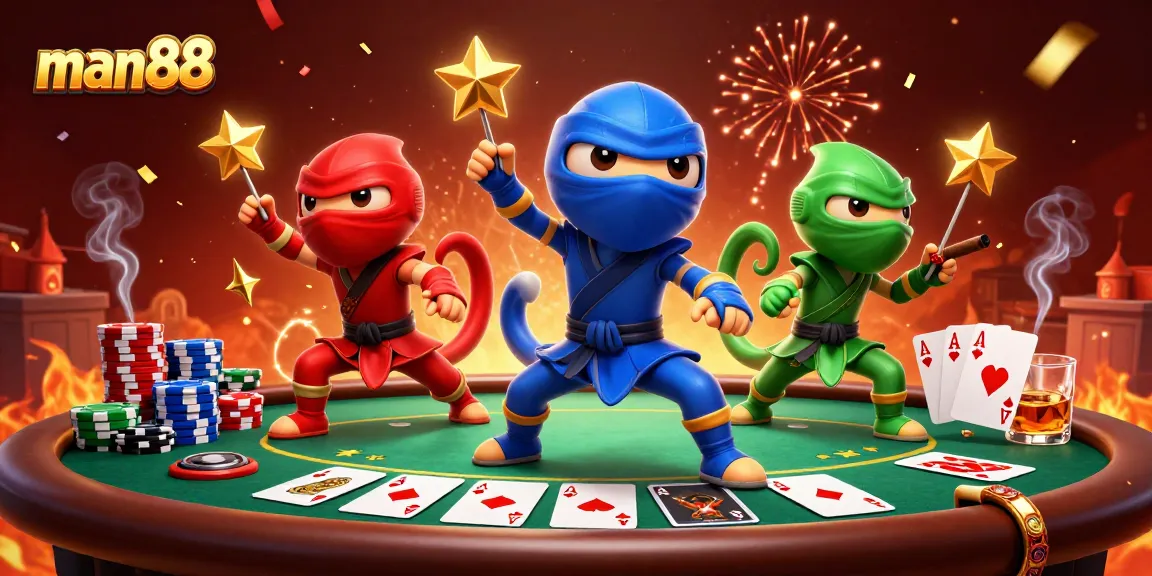 man88's ninja chameleon team showcases poker mastery, surrounded by vibrant casino elements.