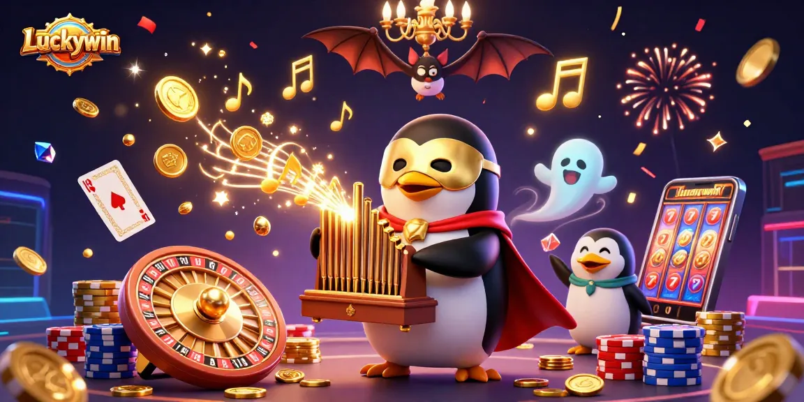 Experience Luckywin's thrilling casino adventure with a 3D penguin organist amidst golden celebrations.