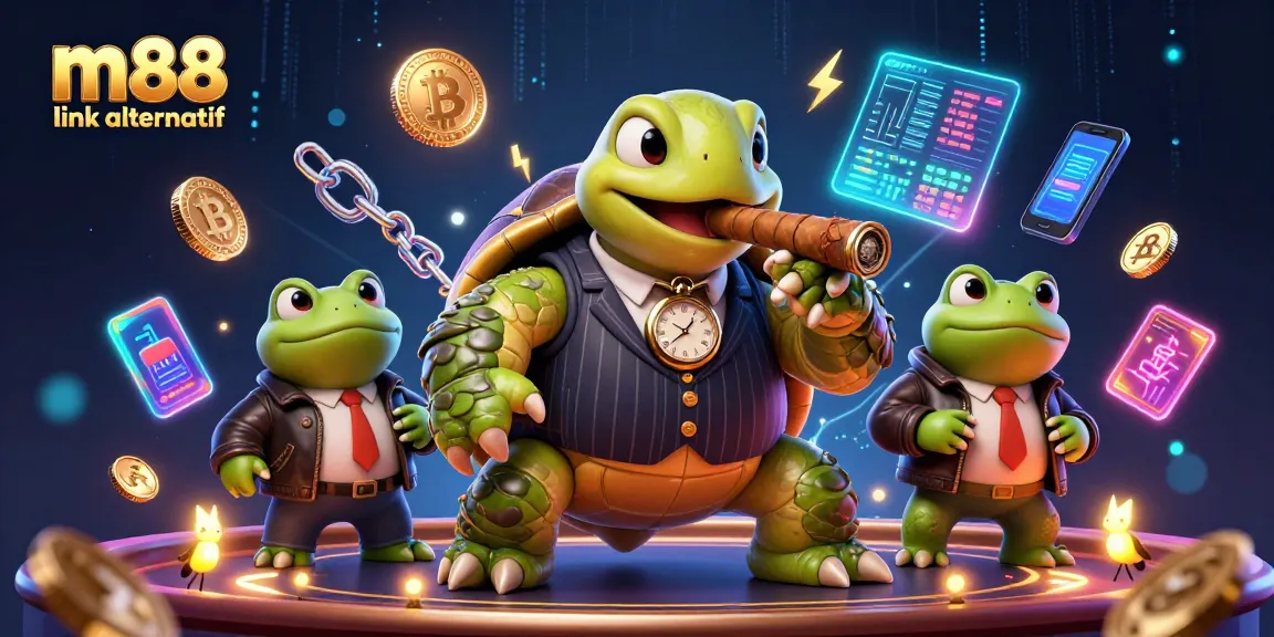 Engage with the vibrant m88 link alternatif scene featuring a turtle mobster and bullfrog enforcers amidst dazzling crypto elements.
