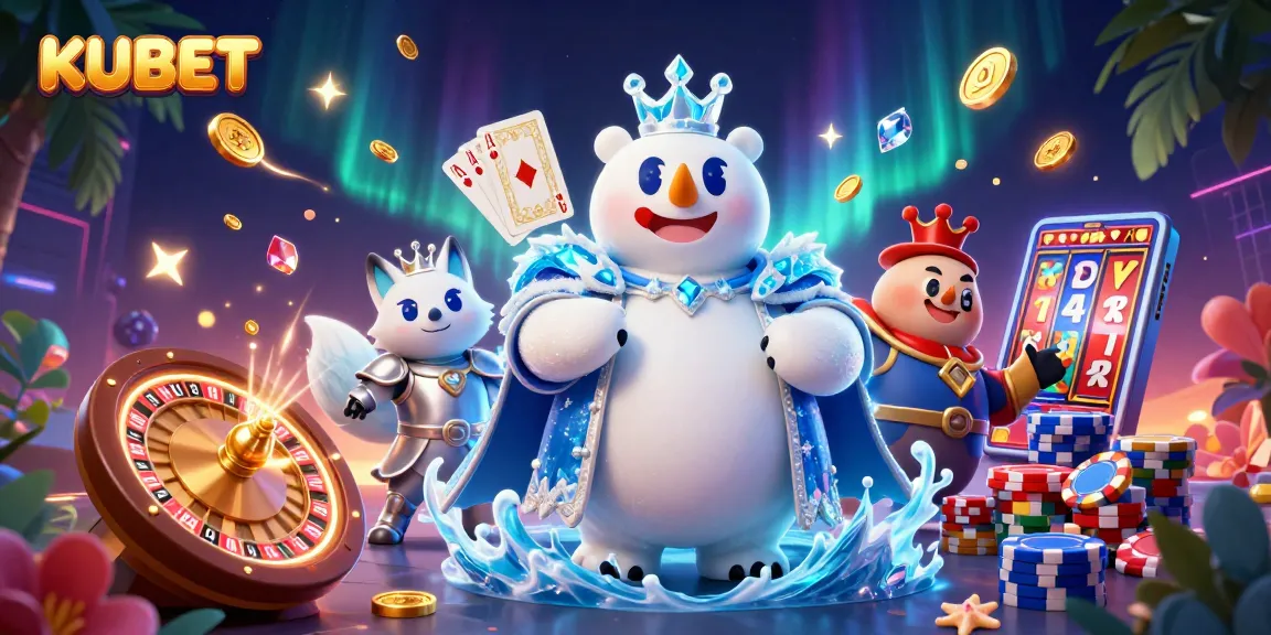KUBET platform showcases exhilarating gameplay with the ice king polar bear and snow fox, surrounded by dazzling casino elements.