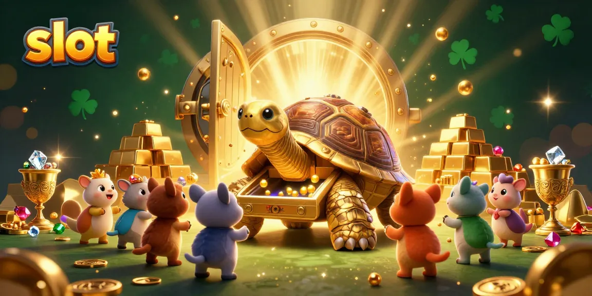 Engage with thrilling slot games featuring a golden tortoise and vibrant casino elements.