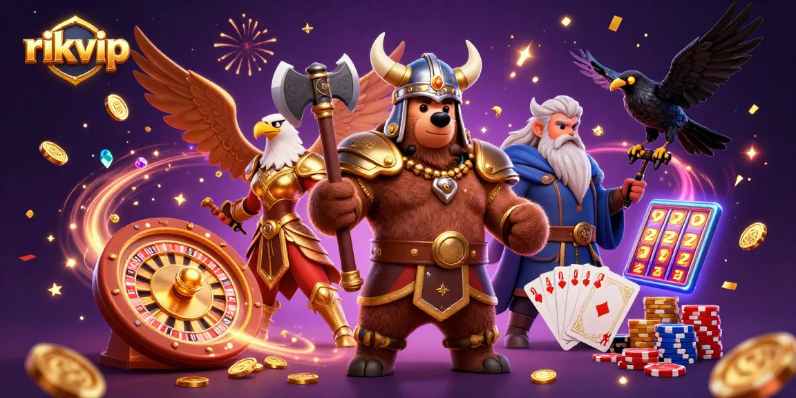 Win big with rikvip in this exciting 3D casino illustration featuring dynamic game elements and iconic characters.