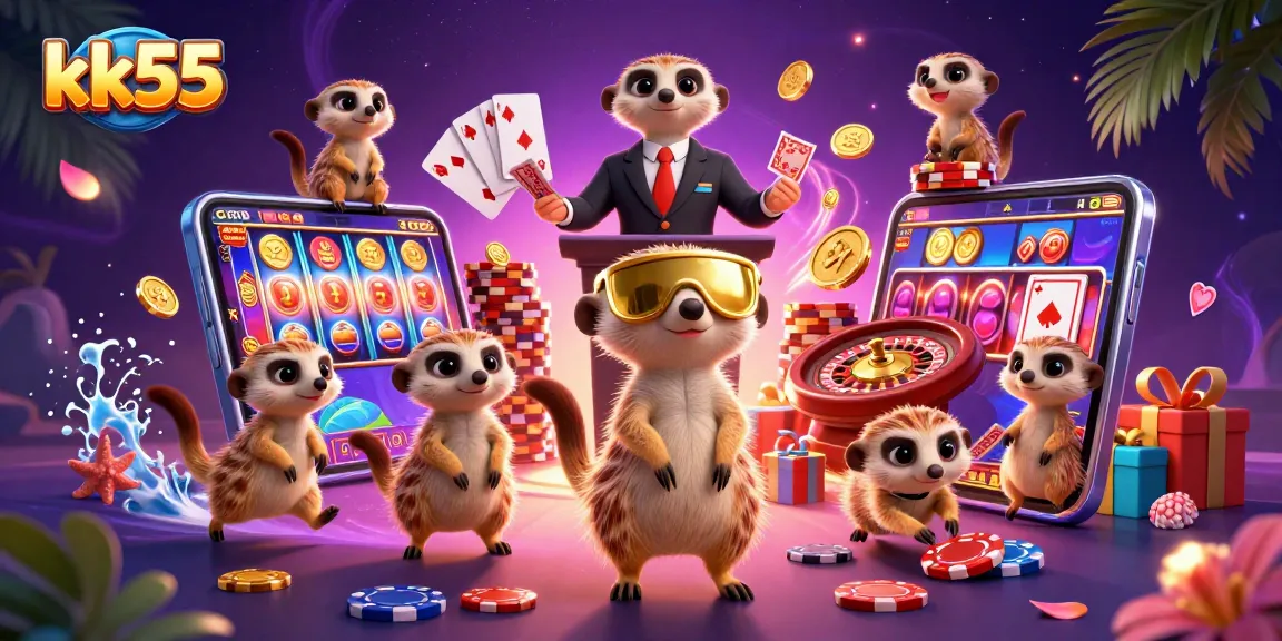 Experience the excitement of kk55 with a playful meerkat casino scene featuring slots and chips.